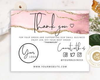 Gold pink Editable Thank You card for small business. Editable thank you for order card. Business thank you card Instant Download. #b3