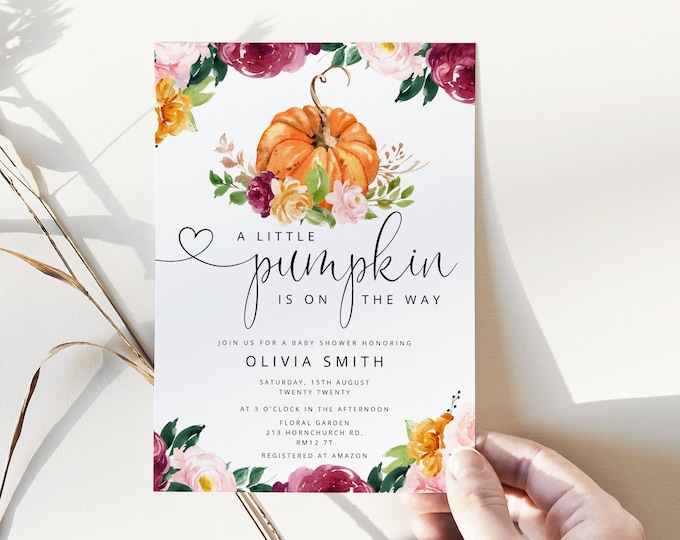 Little Pumpkin Baby Shower Invitation. Fall Baby Shower Invitation template. Pumpkin floral Baby Shower Invite.  Corjl Instant download #p2
