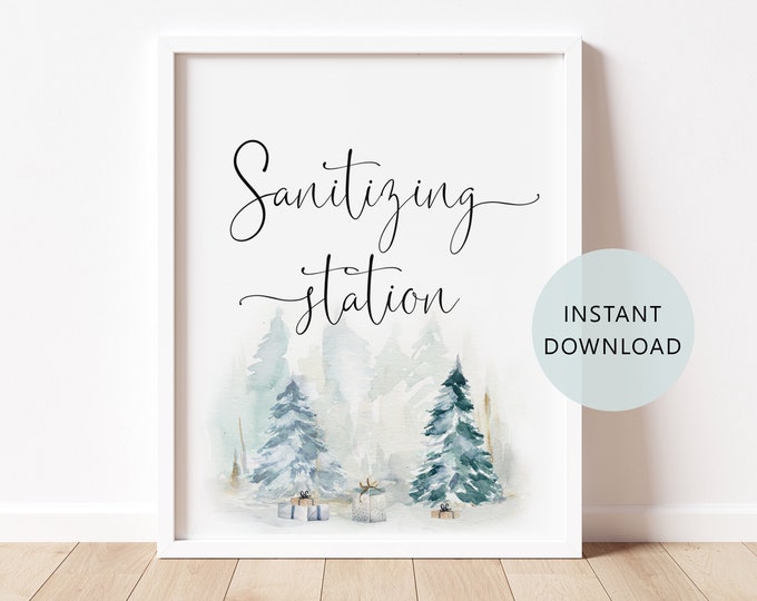 Sanitizing Station Sign Printable. Winter sanitizing station sign. Winter Social Distance  Sign.  Evergreen  #ad4