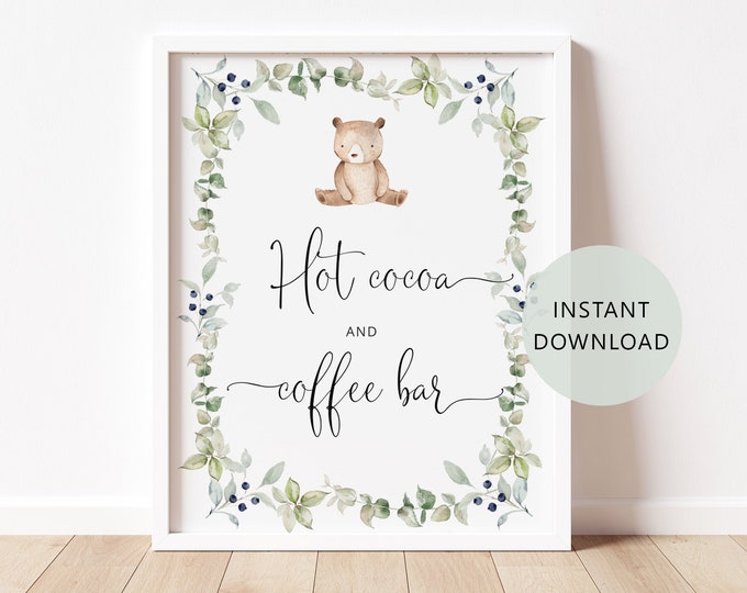 Hot cocoa and coffee bar Sign. We can bearly wait baby shower decoration. Bear baby shower sign. Instant Download #w1