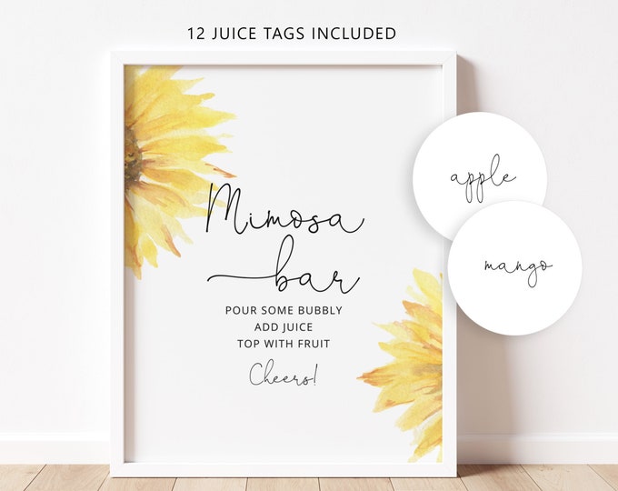 Sunflower Mimosa Bar Sign, Mimosa Bar Printable, Bubbly Bar Sign. Sunflower Bridal Shower Decoration Signs, mimosa bar juice tags #sun1