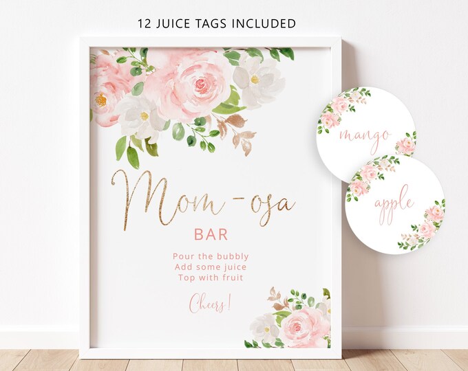 Blush Mom-osa Bar Sign, Floral Bubbly Bar Sign. Blush pink gold Baby Shower Decoration Signs, blush pink momosa bar juice tags #fl1