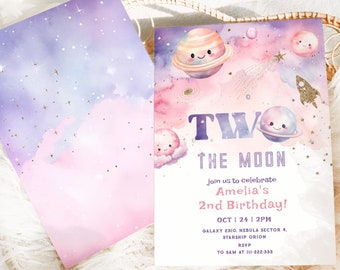 May include: A pink and purple watercolor galaxy themed invitation with gold glitter stars. The invitation says "Two the Moon" and includes the text "Join us to celebrate Amelia's 2nd Birthday! Oct 24 | 2PM Galaxy 2310 Nebula Sector 4. Starship Orion RSVP To Sam at 111-222-333"