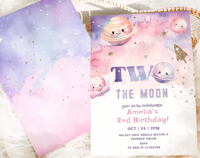 Editable Two the Moon Birthday invite, Pink Purple Planets Space 2nd Birthday invitation, Cute girl Outer Space Moon birthday invite #sp2