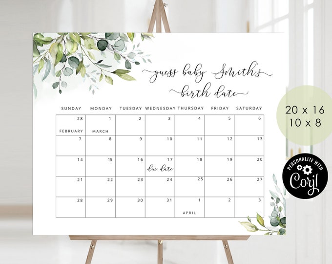 Greenery Guess the due Date calendar. Eucalyptus Guess The Baby Birthday Game. Greenery Baby Shower Due Date Prediction #02
