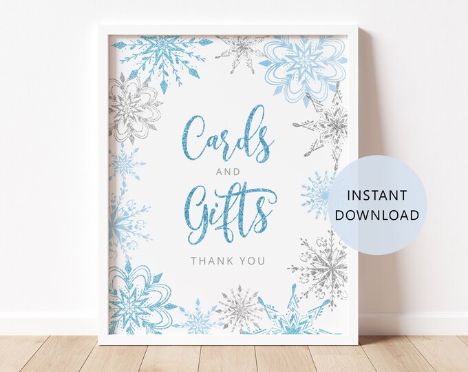 Winter Cards and Gifts Sign. Winter baby shower Cards & Gifts Sign. Snowflakes blue silver baby shower decoration. Instant Download #sn2