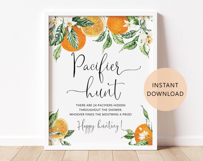 Pacifier Hunt Sign, Orange Pacifier hunt Sign. Orange Baby Shower Game. Citrus Find The Pacifier Game Printable. Instant Download #or1