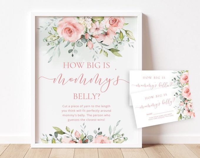 Floral How Big is Mommy's Belly Game. Blush pink baby shower games. Belly Guessing Game. Instant Download #fl2