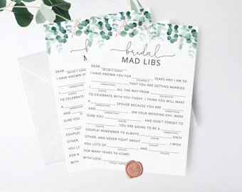 Greenery Bridal Mad Libs Game. Eucalyptus bridal mad libs game.  Greenery bridal shower games. Instant Download #br1