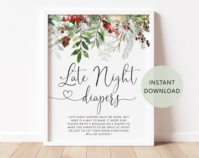 Late Night Diapers Sign. Winter Baby Shower Diapers Thoughts Game. Evergreen Printable Diaper Game, snowy Baby Shower. Instant Download #rg2