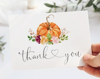 Fall Thank You Cards Printable Template.  Pumpkin thank you card. Pumpkin bridal shower Thank You Card. Bohemian Thank You Note. #fp #p2