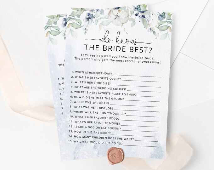 Winter Who Knows the Bride Best game. Winter Bridal Shower Games, How Well Do You Know the Bride game. Eucalyptus Instant Download #wb3