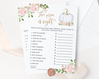 Pumpkin the Price is Right Baby Shower Game. Fall baby shower game. Guessing Game. Gold pink Pumpkin Baby Shower Game. Instant Download #p3