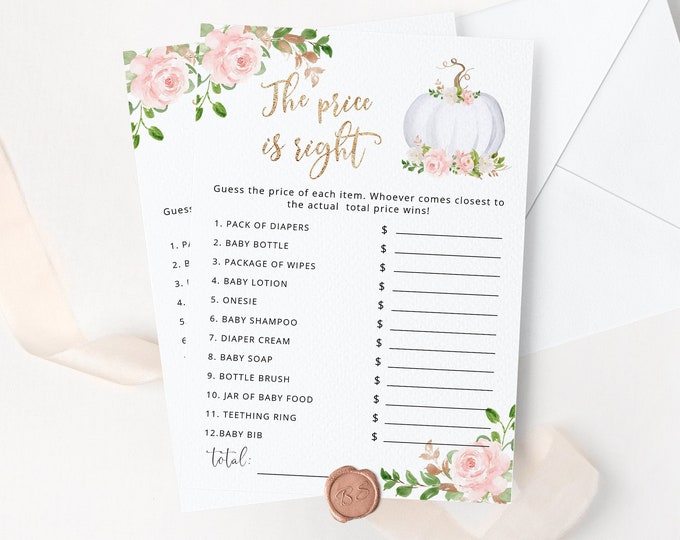 Pumpkin the Price is Right Baby Shower Game. Fall baby shower game. Guessing Game. Gold pink Pumpkin Baby Shower Game. Instant Download #p3