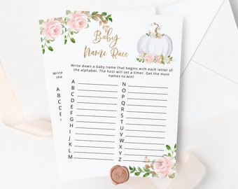 Baby name race Baby Shower Game. Pumpkin baby name race game. Guessing Game. Fall floral Baby Shower Game. Instant Download #p3