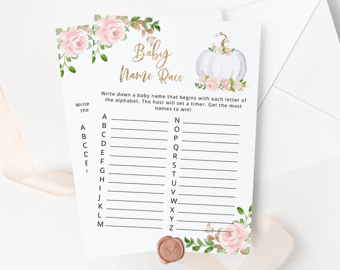 Baby name race Baby Shower Game. Pumpkin baby name race game. Guessing Game. Fall floral Baby Shower Game. Instant Download #p3