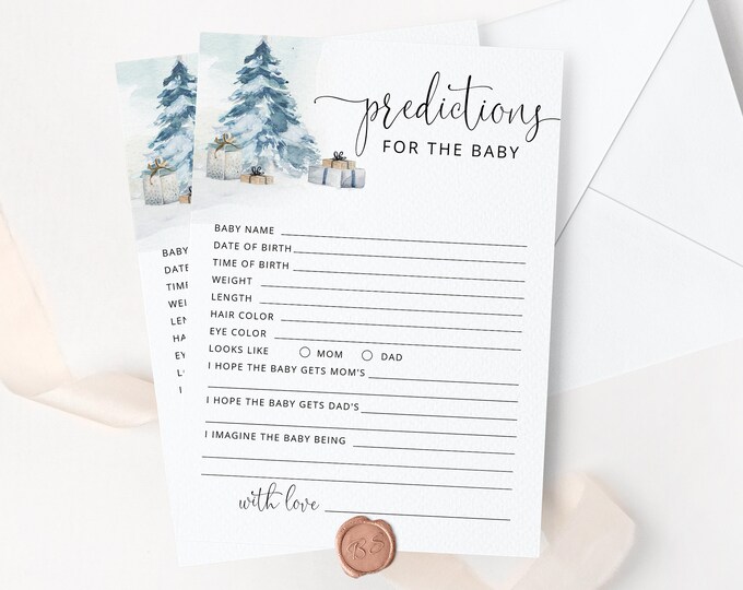 Baby predictions card. Winter Baby Shower Game. Winter predictions for baby card. Christmas baby shower games. Instant Download #ad4
