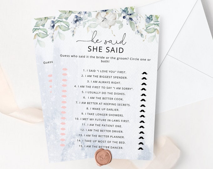 Winter He said she said Bridal Shower Game, Printable Wedding Shower Games. Bride or Groom Hen Party Games Instant Download #wb3