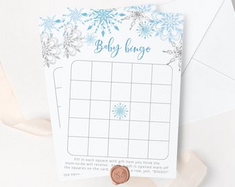 Winter Baby Shower Bingo Card. Winter Baby Shower games printable. Blue silver snowflakes baby bingo card. Instant Download #sn2