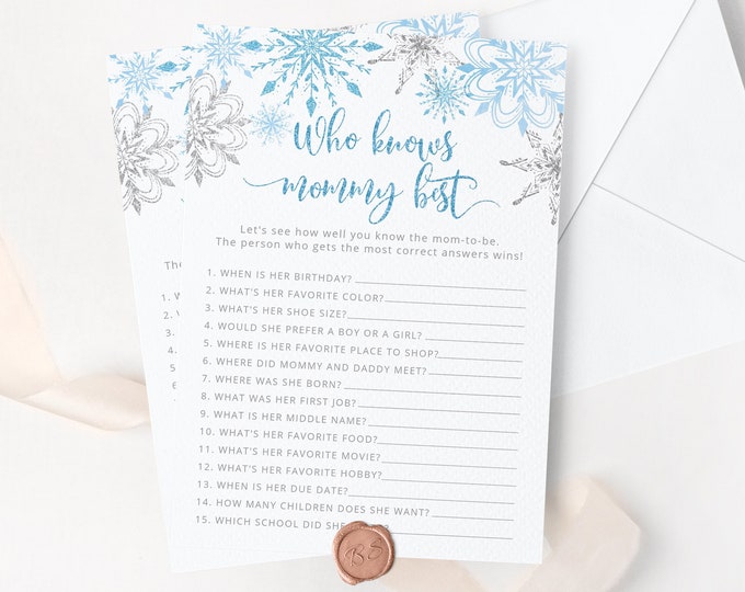 Winter Who Knows Mommy Best. Winter baby shower games.  Blue silver snowflakes Baby Shower Game Printable. Instant Download #sn2