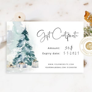 Modèle de chèque-cadeau modifiable. Modèle de chèque-cadeau imprimable pour les Fêtes. Modèle de chèque-cadeau de Noël Corjl Instant Télécharger