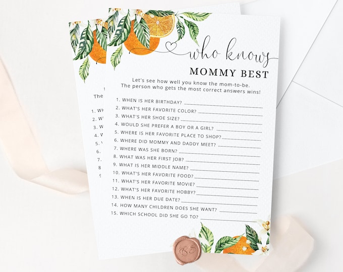 Orange Who Knows Mommy Best. Little cutie baby shower games.  Printable Oranges baby shower games Shower Game. Instant Download #or1