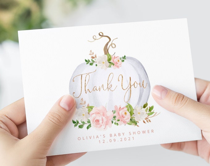 Pumpkin Thank You Card Printable Template.  Blush fall thank you card. Floral baby shower Thank You Card. Bohemian Thank You. #p3