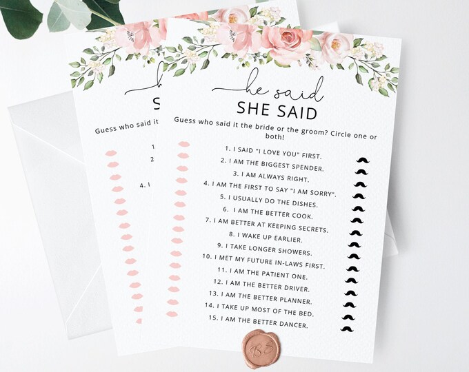 He said she said Bridal Shower Game, Printable Wedding Shower Games. Bride or Groom Hen Party Games Instant Download #br2