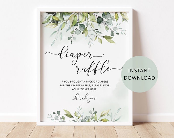 Greenery diaper raffle sign.  Greenery baby shower games.  Eucalyptus baby shower decor Instant Download #02