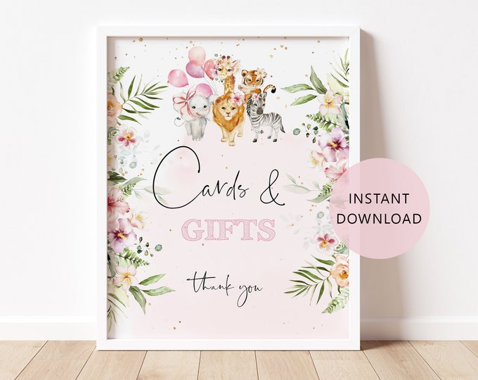 Safari Cards and Gifts Sign in 2 Sizes. Girl safari baby shower Cards & Gifts Sign. Wild animals baby shower decoration #saf1 saf2