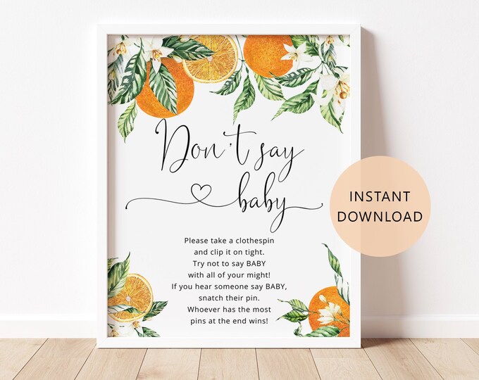 Orange Don't say baby game sign. Little cutie baby shower decor. Citrus orange theme baby shower. Instant Download #or1