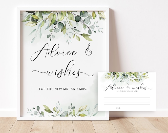 Greenery Advice and Wishes for the Newlyweds.  Eucalyptus Advice for Bride & Groom Game. Wedding and bridal shower game Instant Download #01