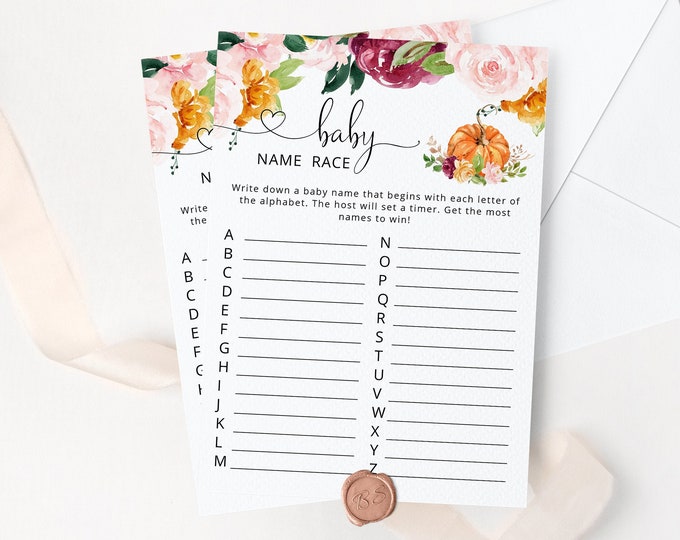 Baby name race Baby Shower Game. Pumpkin baby name race game. Guessing Game. Fall floral Baby Shower Game. Instant Download #p2