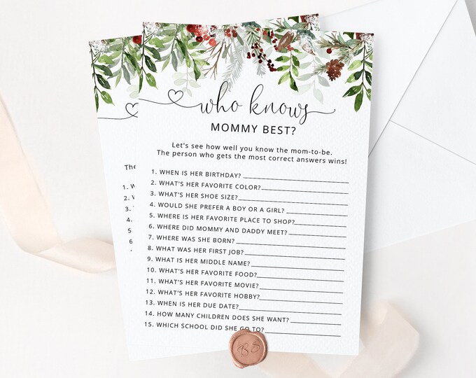 Winter Who Knows Mommy Best. Winter baby shower games.  Winter evergreen Baby Shower Game Printable. Instant Download #rg2