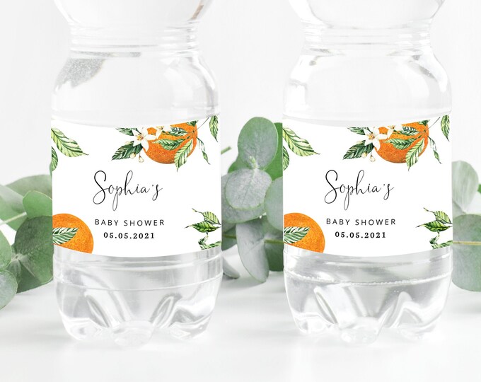 Orange Baby Shower Water Bottle Labels. Citrus Water Bottle Labels. Editable little cutie water bottle label.  Corjl template #or1