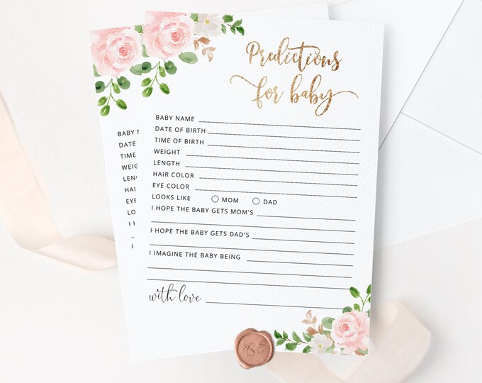 Baby shower predictions card. Blush gold Baby predictions Card. Blush gold baby shower. Instant Download #fl1