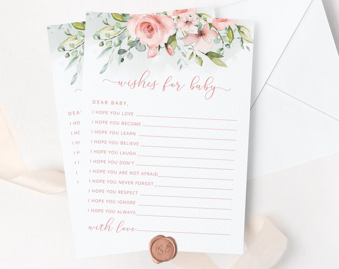 Wishes for Baby card. Floral wishes for baby. Printable peach wishes for baby. Blush Baby Shower Game. Instant download #fl2