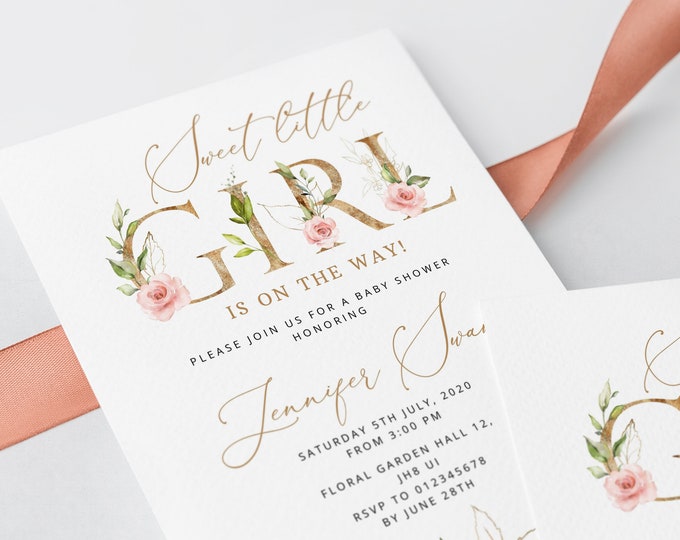 Blush Pink Baby girl Shower Invitation template.  Minimalist Simple Modern Printable invite. Girl baby Shower Invitation pink. Corjl #bs6