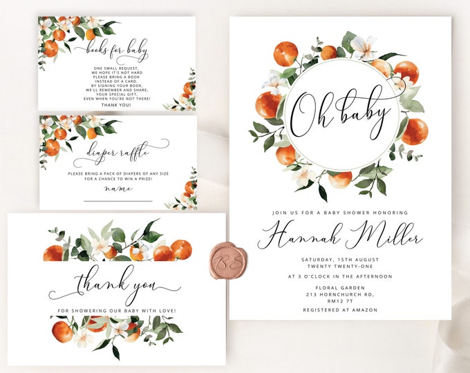 Citrus baby shower invitation bundle. Editable Little cutie baby shower invitation. Oh baby gender neutral baby shower invite #or2