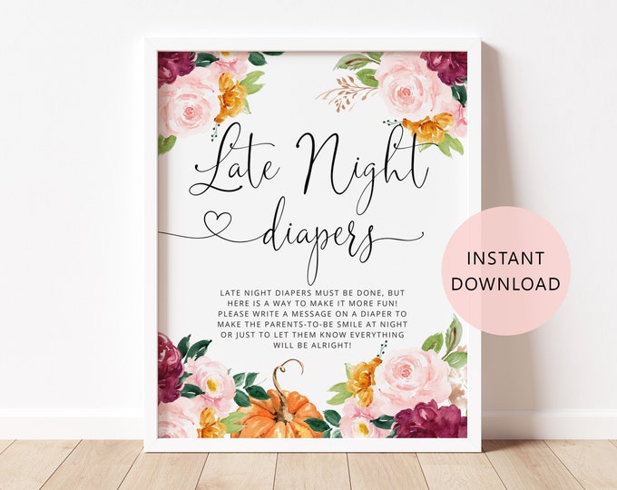 Late Night Diapers Sign. Pumpkin Baby Shower Diapers Thoughts Game. Pumpkin Printable Diaper Game, fall Baby Shower. Instant Download #p2