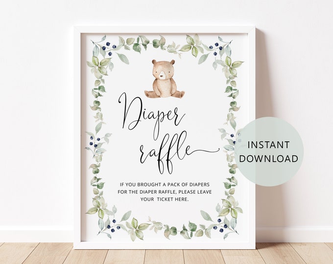 Bear diaper raffle sign. We can bearly wait baby shower. Little bear baby shower decor. Greenery bear baby shower Instant Download #w1