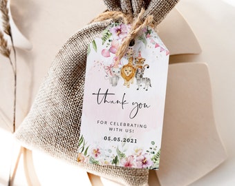 Safari thank you tag. Girl safari favor tag template. Animals thank you tag. Safari animals favor tag. Editable Safari favor tag #saf2