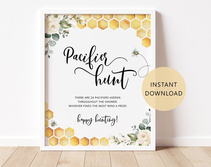 Pacifier Hunt Sign. Bee Pacifier hunt Sign. Bee Baby Shower Games. Honey Find The Pacifier Game Printable. Instant Download #bee