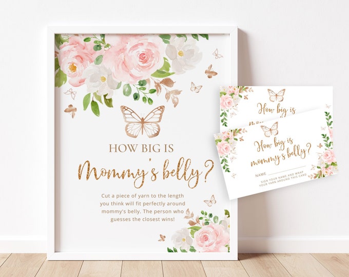 Butterfly How Big is Mommy's Belly Game. Blush pink gold baby shower games. Belly Guessing Game. Instant Download #05