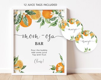 Orange Mom-osa Bar Sign, Orange fruit Bubbly Bar Sign. Little cutie is on the way Baby Shower Decoration, Mom-osa bar juice tags #or1