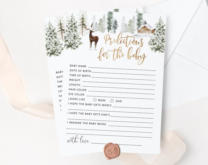 Baby predictions card. Winter Baby Shower Games. Woodland predictions for baby card. Deer baby shower games. Instant Download #w3