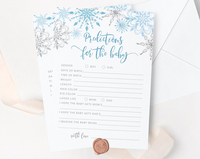 Baby predictions card. Winter Baby Shower Game. Winter predictions for baby card. Snowflakes baby shower games. Instant Download #sn2