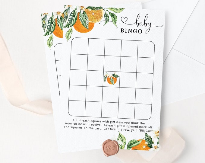 Orange Baby Shower Bingo Card. Cutie Baby Shower games.  Orange Baby Shower Theme. Instant Download #or1