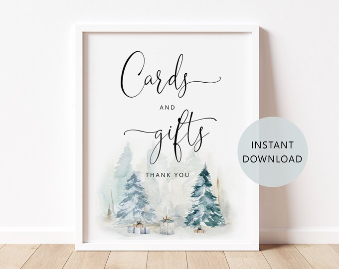 Winter Cards and Gifts Sign in 2 Sizes. Winter baby shower Cards & Gifts Sign. Snowy baby shower decoration. Instant Download #ad4