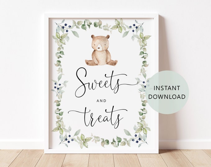 Bear Sweets and treats sign. We can bearly wait sweets and treats Sign. Little bear baby shower decor. Instant Download #w1